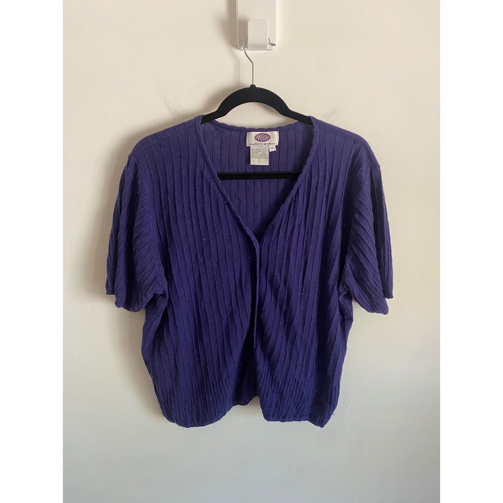 Modern Woman Vintage Purple Beaded Ribbed Short Sleeve Cardigan Sweater Size 18